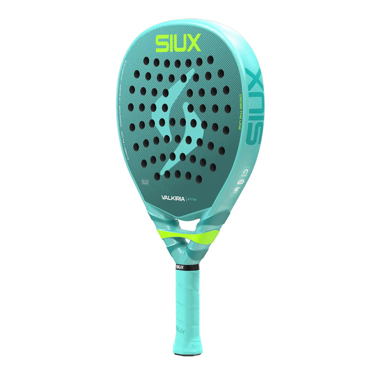 Turquoise and green SIUX paddle racket on a white background