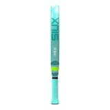 Teal and green Padel racket with 'Siux' branding on a white background