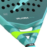Close-up of a teal and green paddle with 'Valkiria Elite' branding on a white background
