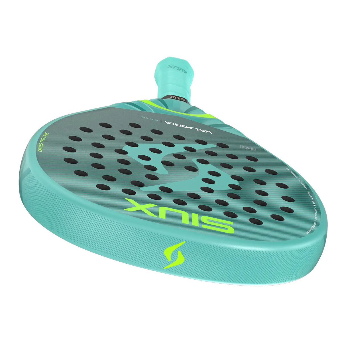Turquoise and green Padel racket with brand logo on a white background
