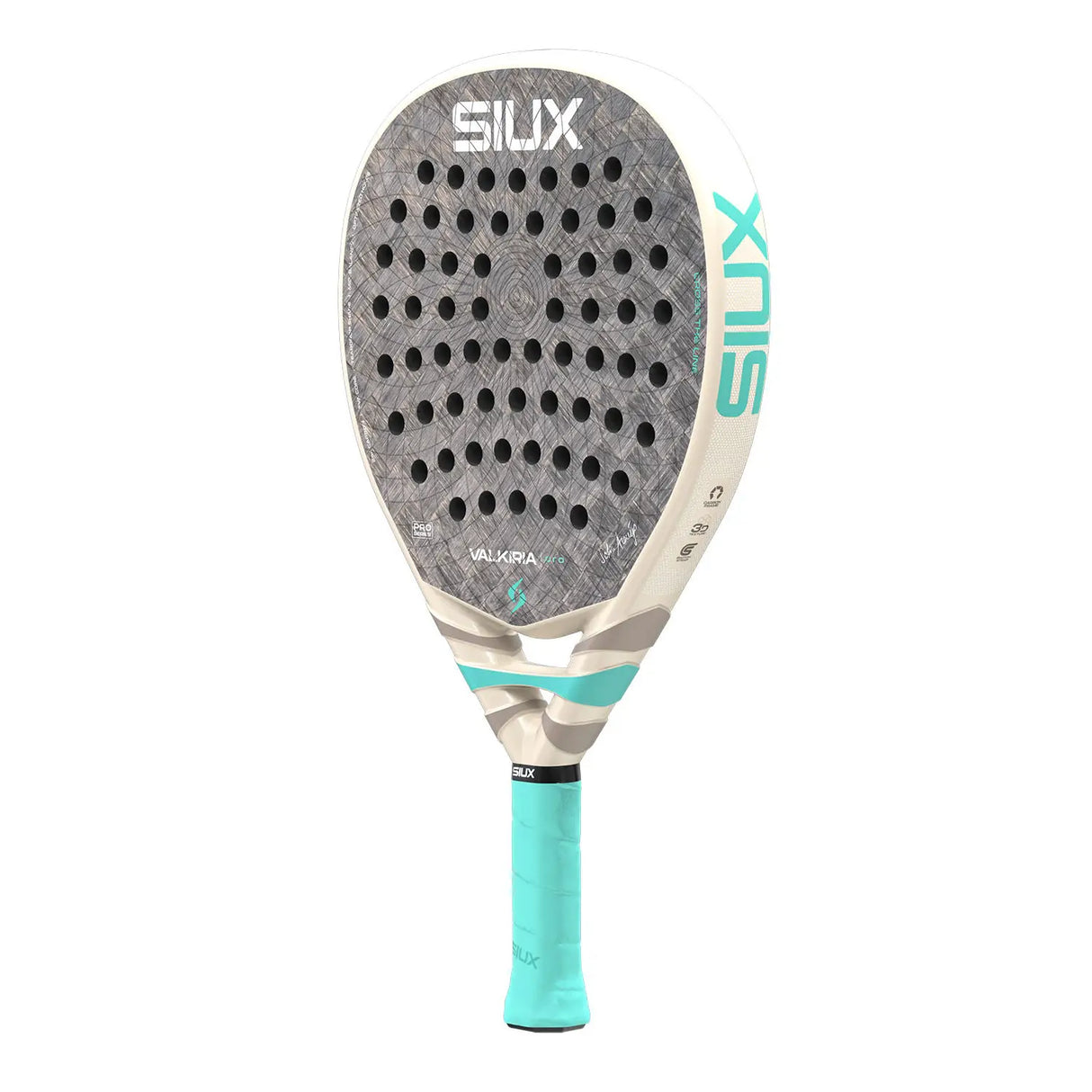 Siux paddle racket with gray and teal design on a white background