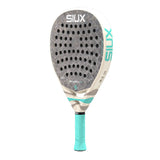 Siux paddle racket with gray and teal design on a white background