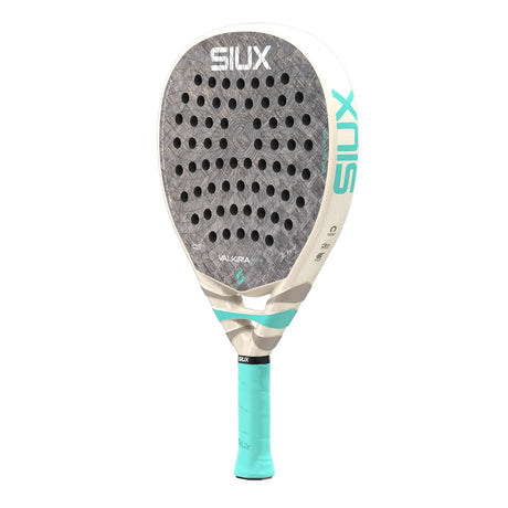 Siux paddle racket with gray and teal design on a white background