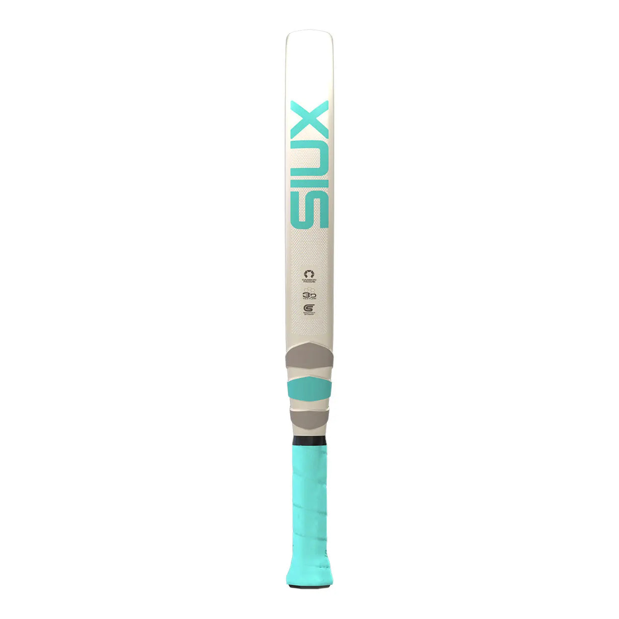 White and teal Padel racket with 'SIUX' branding on a white background