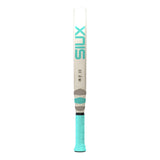 White and teal Padel racket with 'SIUX' branding on a white background