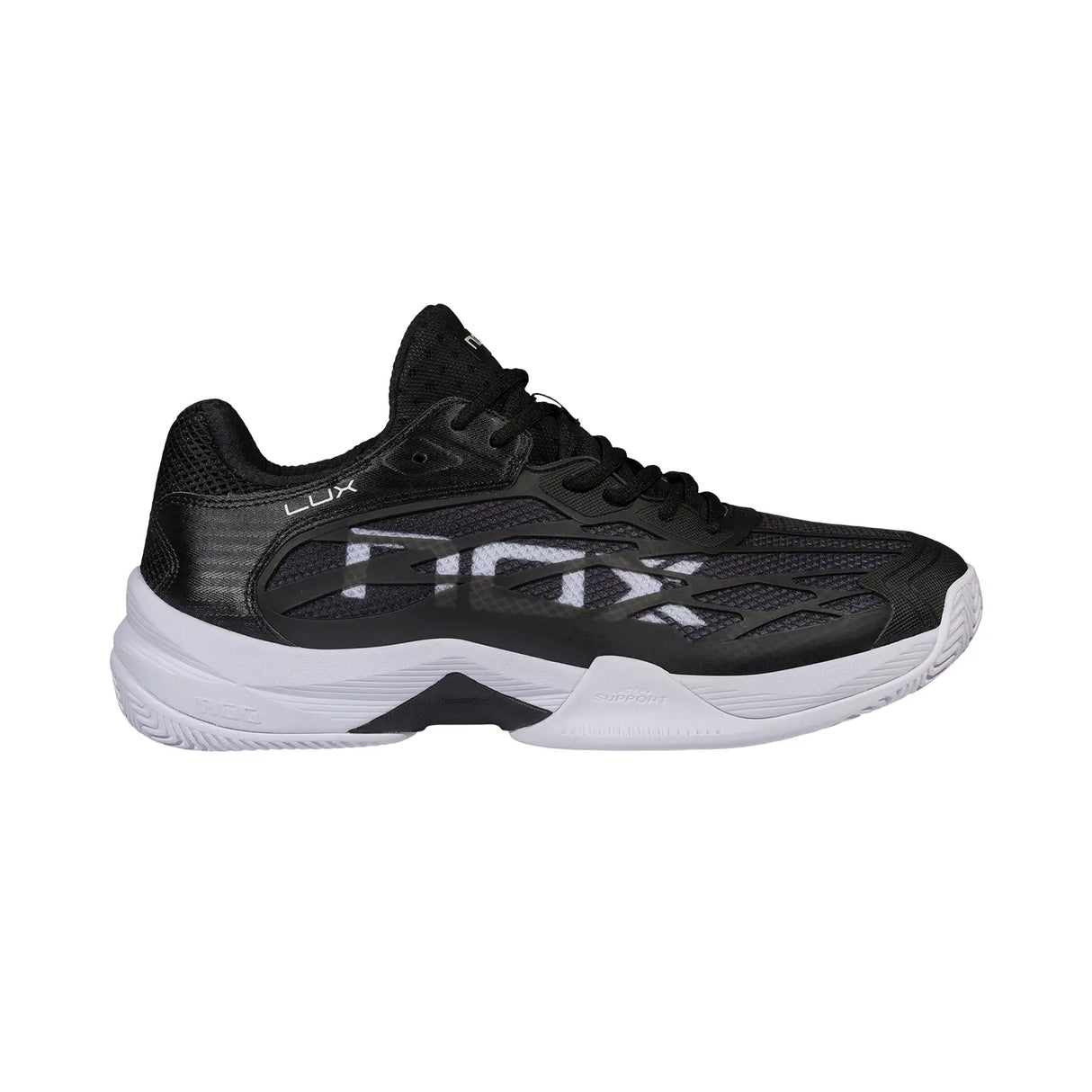 Black running shoe with white sole on a white background