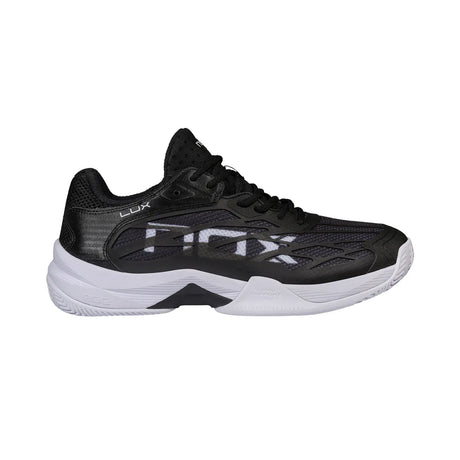 Black running shoe with white sole on a white background