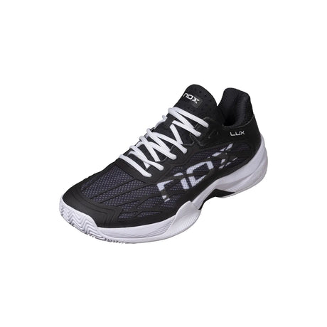 Black and white sports shoe with 'nox' branding on a white background