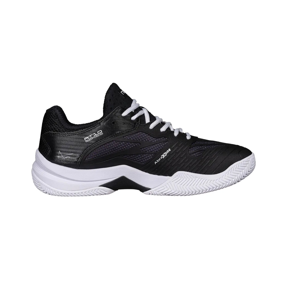 Black athletic shoe with white sole on a white background