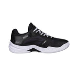 Black athletic shoe with white sole on a white background