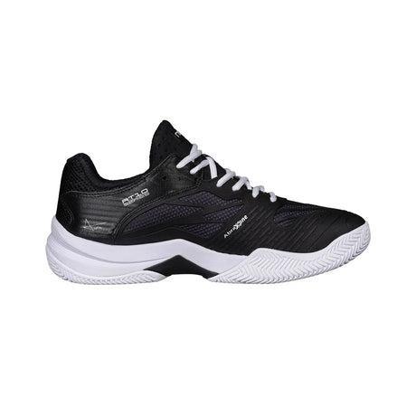 Black athletic shoe with white sole on a white background