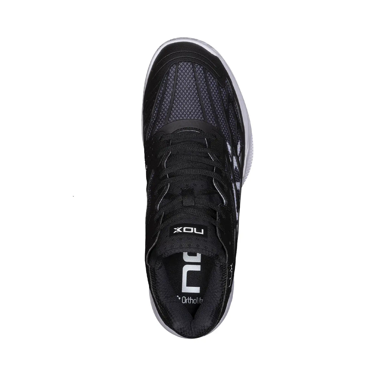 Black athletic shoe with visible branding on a white background