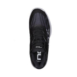 Black athletic shoe with visible branding on a white background