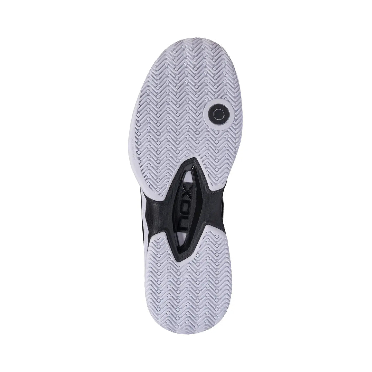 Back view of a sports shoe with a brand logo on a white background