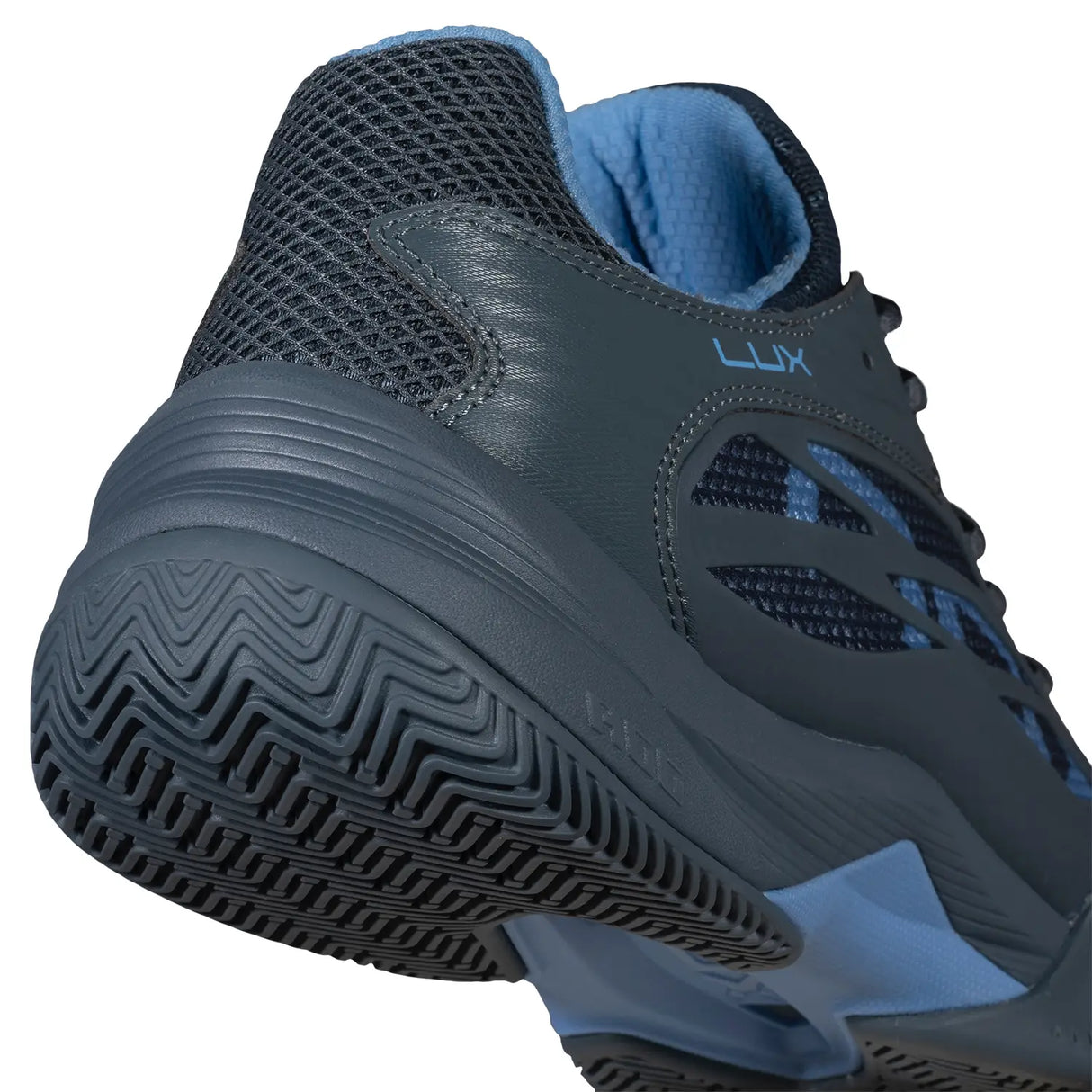 Navy blue athletic shoe with 'Lux' branding on a white background