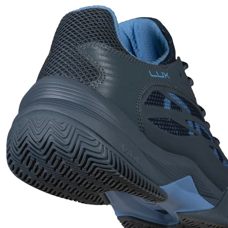 Navy blue athletic shoe with 'Lux' branding on a white background