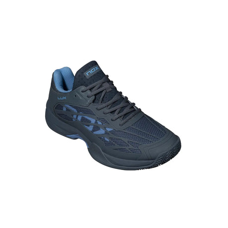 Navy blue athletic shoe with brand logo on a white background