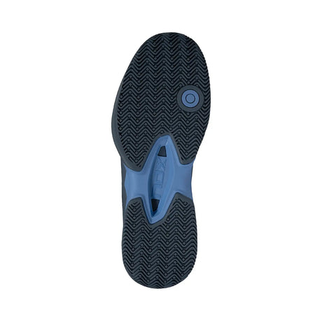 Sole of a shoe with blue and black design on a white background