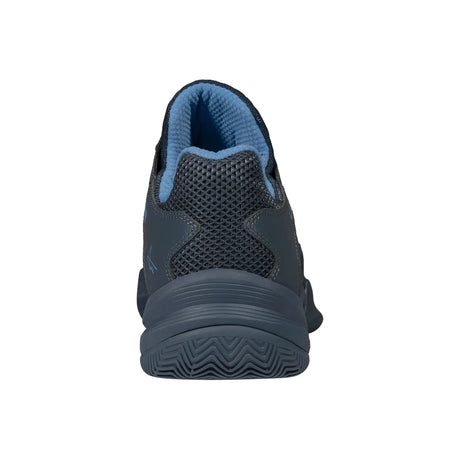 Black athletic shoe with blue lining on a white background