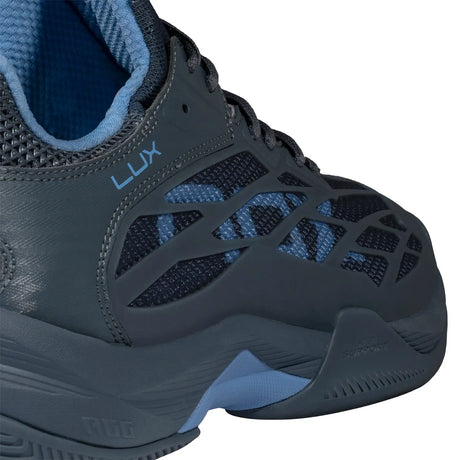 Gray athletic shoe with blue accents on a white background