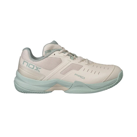 White and light blue sports shoe with 'nox' branding on a white background