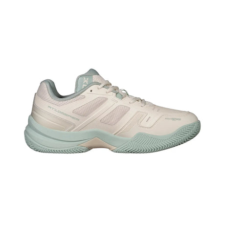 White and light blue athletic shoe on a white background