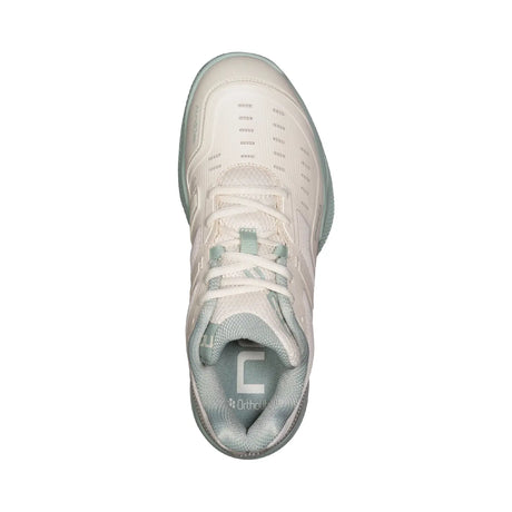 White athletic shoe with a brand logo on a white background