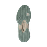 Sole of a shoe with a brand logo on a white background