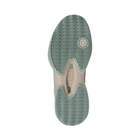 Sole of a shoe with a brand logo on a white background