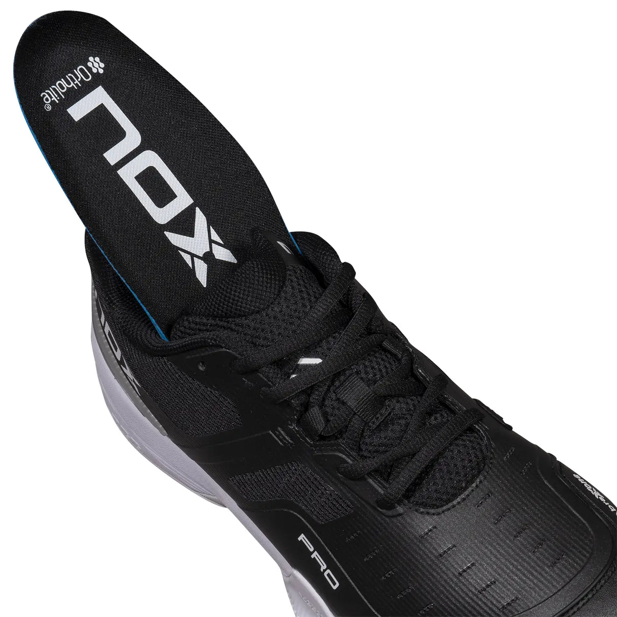 Black athletic shoe with visible brand logo on a white background