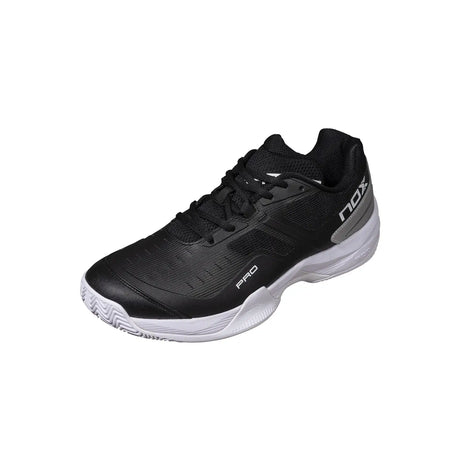 Black athletic shoe with white sole on a white background