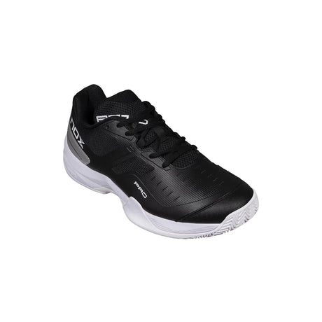 Black athletic shoe with white sole on a white background