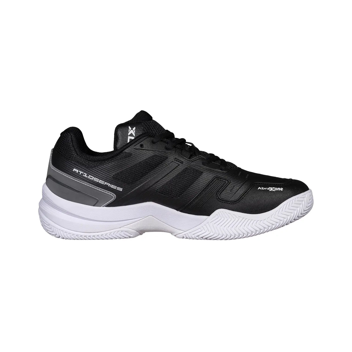 Black athletic shoe with white sole on a white background