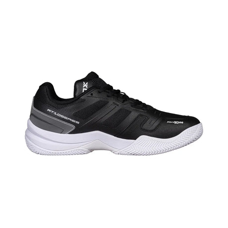 Black athletic shoe with white sole on a white background