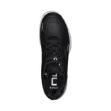 Black athletic shoe with white sole on a white background