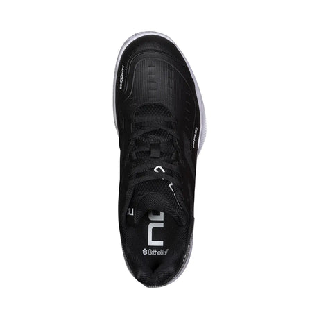 Black athletic shoe with white sole on a white background