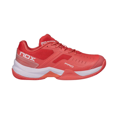 Red sports shoe with 'NOX' branding on a white background