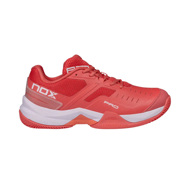 Red sports shoe with 'NOX' branding on a white background