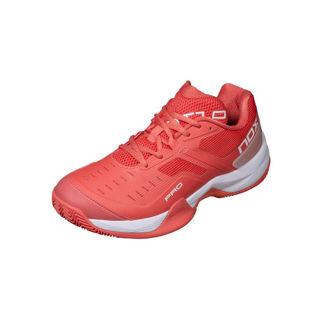 Red sports shoe with white sole on a white background