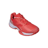 Red sports shoe with white accents on a white background