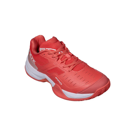 Red sports shoe with white accents on a white background