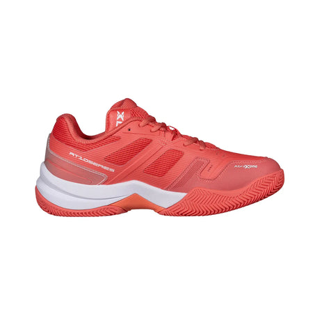 Red athletic shoe with white sole on a white background