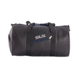 Black duffel bag with blue zipper and 'SIUX' branding on a white background