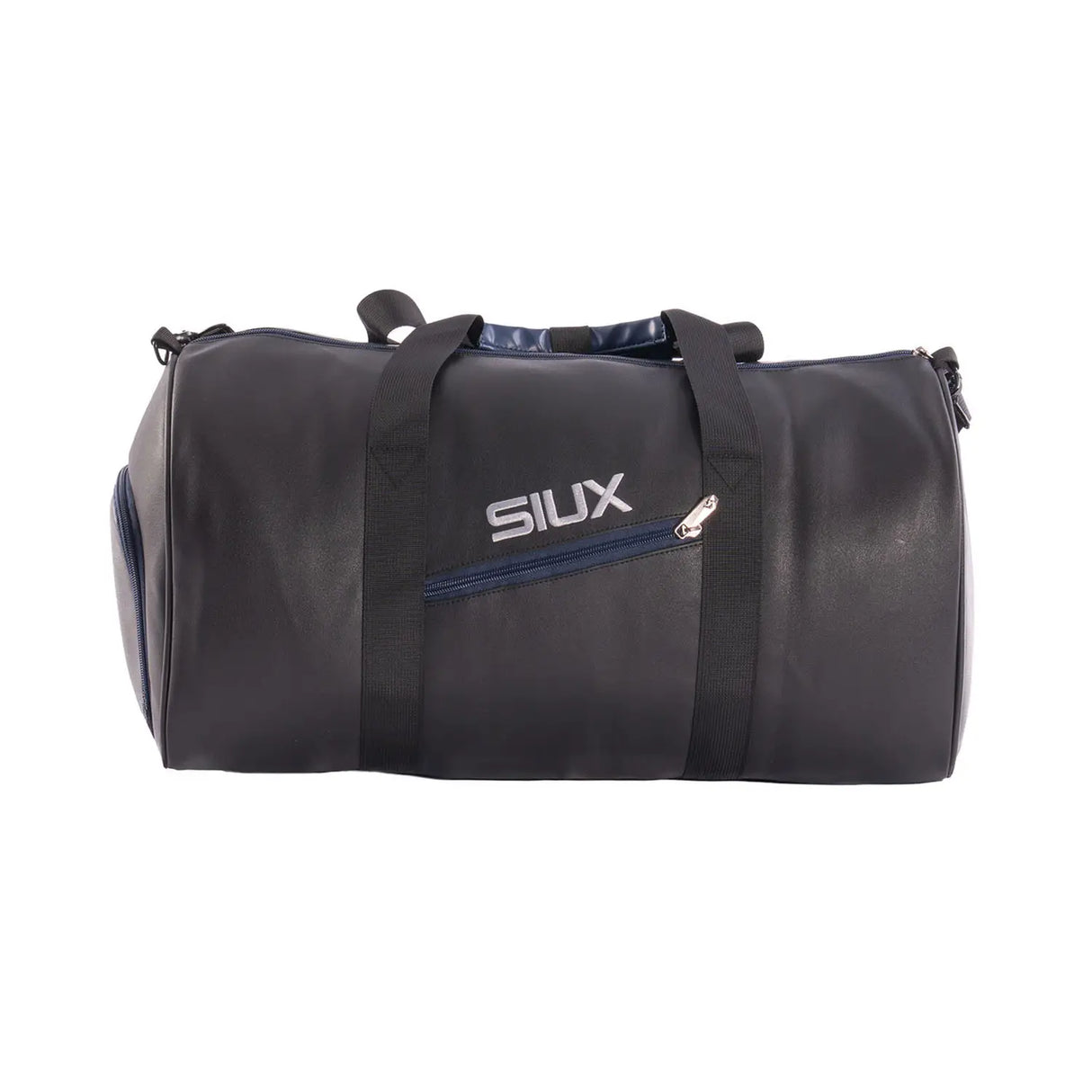 Black duffel bag with blue zipper and 'SIUX' branding on a white background
