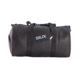 Black duffel bag with blue zipper and 'SIUX' branding on a white background