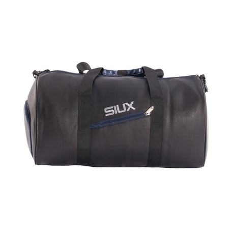 Black duffel bag with blue zipper and 'SIUX' branding on a white background
