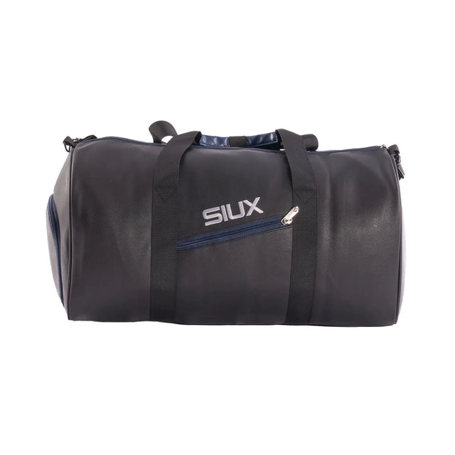 Black duffel bag with blue zipper and 'SIUX' branding on a white background