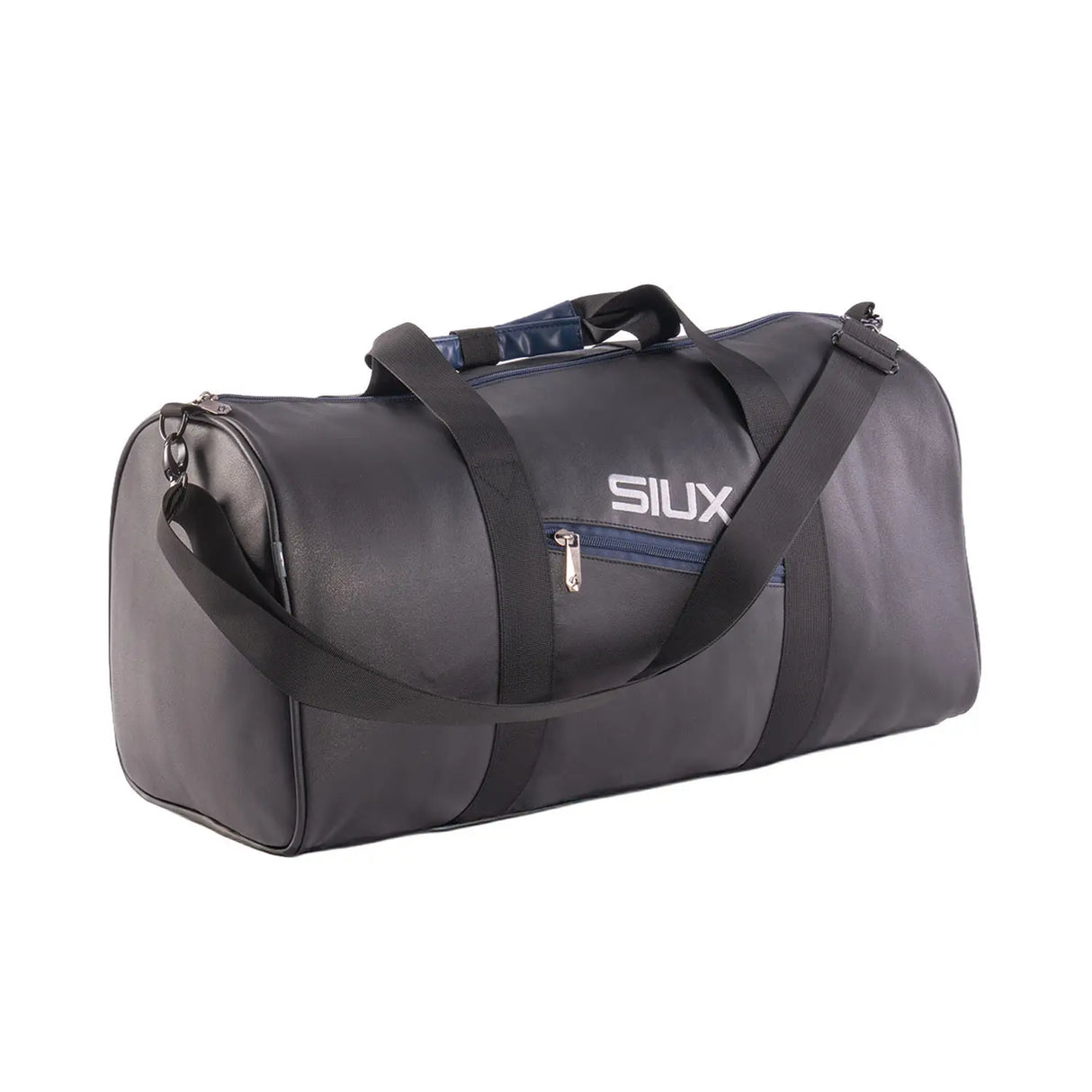 Black duffel bag with 'SIUX' branding on a white background