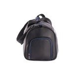 Black and gray bag with blue accents on a white background