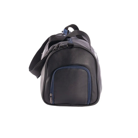 Black and gray bag with blue accents on a white background
